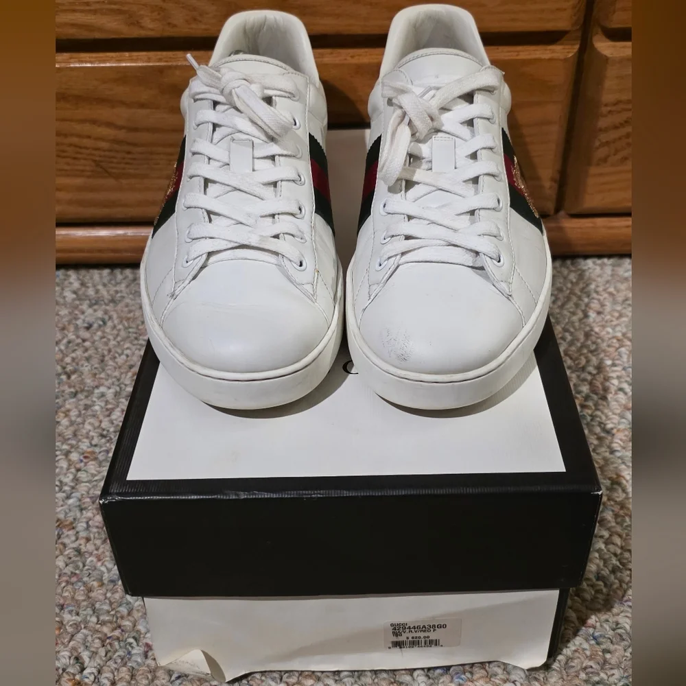 Gucci Ace White Leather Sneakers W/ Bee, Webb Red And Green Stripe M10.5/W11.5